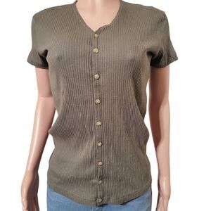 Casino button-up ribbed olive short sleeve top M